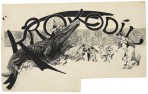 'Krokodil' in stylised font arching over a scene with a crocodile being prodded by men in top hats and smart atire with a boy and girl looking on