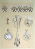 A butterfly decorative frieze motif, a comb, a cuff link, a pocket watch and several pendants