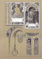 Top half: a book cover design and a rectangular design, both with nudes and ornamental forms; bottom half: 6 decorative elements