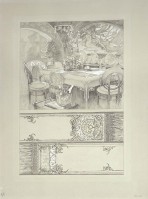 Top half: an Art Nouveau interior with decorative designs on the walls and a table and chairs with a table cloth and floral centre piece; bottom half: 2 parts of a design for the table cloth