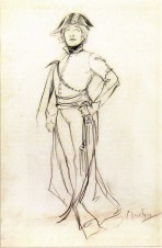A full-length sketch of Bernhardt wearing military costume and holding her left hand on her hip in a defiant pose
