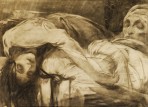 A dead woman slumps over the body of a recling man in white