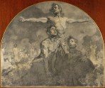 A wooden pendentive with a drawing in pencil portraying three male bare-chested figures, one with his arms spread, with figures in the background