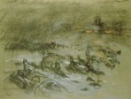 A rough sketch with non-distinct bundles on the foreground under a dark sky and a fire blazing in the distance