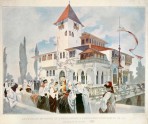 The Bosnia Pavilion in white and terracotta with men and women in traditional Bosnian costume in foreground