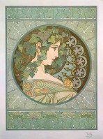 The head and shoulders of a woman seen in profile with ivy in her dark hair and a decorative collar framed by a circle with a mosaic motif and and ivy border