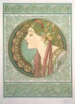 The head and shoulders of a woman seen in profile with laurel leaves in her fair hair held in place with a dark red braid and a decorative collar framed by a circle with a mosaic motif and and a laurel leaf border