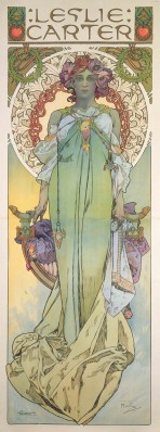 A full-length female figure in a pale green dress with mauve flowers in her hair stands in front of an ornate chair and is framed by a decorative halo with a lily motif; the words 'Leslie Carter' sit at the top of the composition