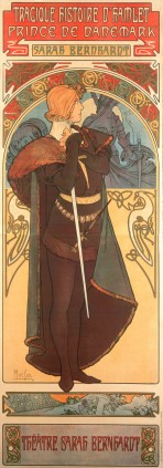 A woman with short red hair wearing a brown tunic and a heavy fur trimmed cape stands in profile holding a sword; she stands against a decorative alcove framing a scene from the play beyond; details of the play are at the top and bottom of the composition