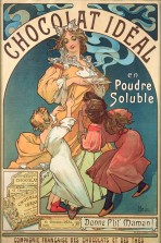 A little boy in his pyjamas and a little girl in a red dress pull at a woman holding 3 cups of steaming hot chocolate. The words 'Chocolat idéal en poudre soluble' sits at the top of the poster, and the bottom of the poster has company details and an image of the chocolate powder in its packaging.