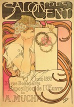 A girl with a folk headdress and daisies in her hair holds her right hand to her mouth and a panel with a heart encircled by three garlands in her left hand. The words 'Salon des Cent' features at the top of the poster and the exhibition details feature at the bottom