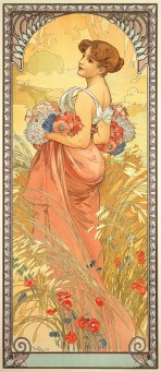 A woman with bare shoulders holding blue, white and red flowers hitches up her pink dress as she walks through a field of corn and poppies with a sunny sky behind
