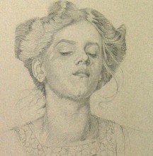 Pencil drawing of a woman with her hair up wearing a smock