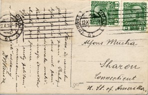 verso of a postcard with Czech stamps and handwriting in Czech