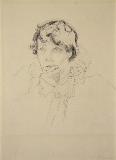 Head and shoulders of Sarah Bernhardt with short cropped hair and a ruffled collar holding her right hand to her mouth