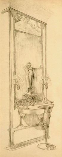 wall-mounted display cabinet with statuette and mirror