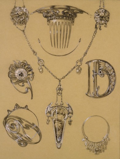 jewellery designs including a comb, a necklace, a broach, a buckle and an earing