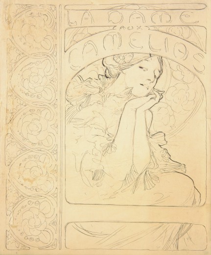 Rough sketch of front cover with decorative floral border on left and the text 'La Dame aux Camélias' above a woman clasping her hands together under her chin