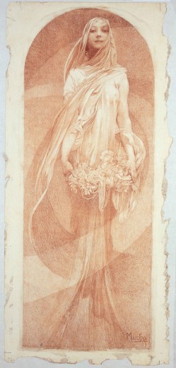 Long vertical design with woman draped in flowing garments holding a flower wreath standing in an alcove