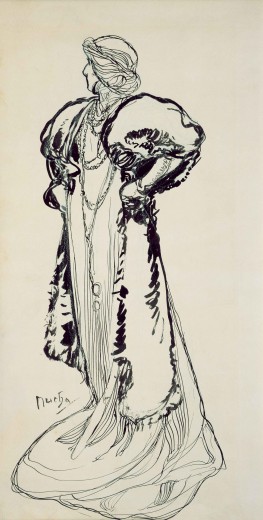 A full-length sketch of Bernhardt turning to her right dressed in a sinuous gown and a voluminous over-gown made from a different fabric