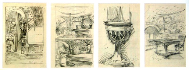 4 drawings clockwise from top: an arched doorway; a circular ceiling with table and chairs; an ornate presentation case; a table and chair below a decorative ceiling and walls