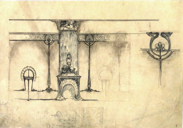 Smudged sketch of an interior with a fireplace in the centre and an ornate frieze linking elements