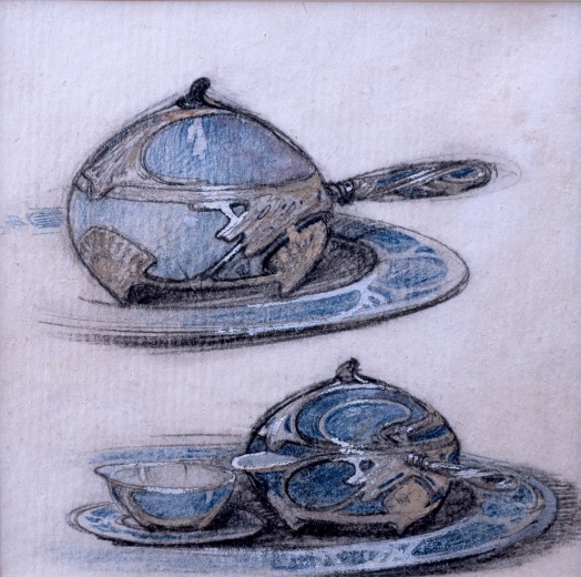 Plate with ornate tea pot and cup and saucer