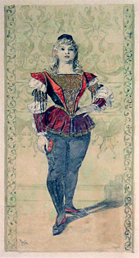 Boy with blond, curly shoulder-length hair, with an ornate red and blue bodice with ruffled sleeves holding his left hand on his hop with one foot forwards