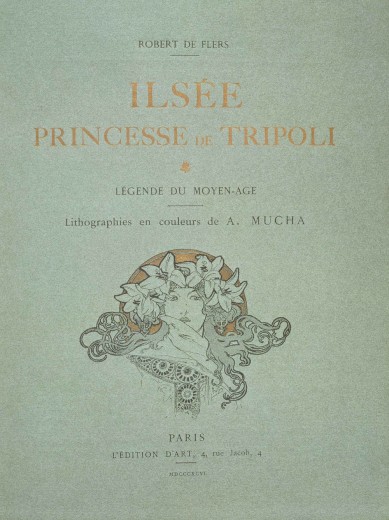 Title page with details of the author, illustrator and printer with a circular motif framing a woman with lilies in her hair
