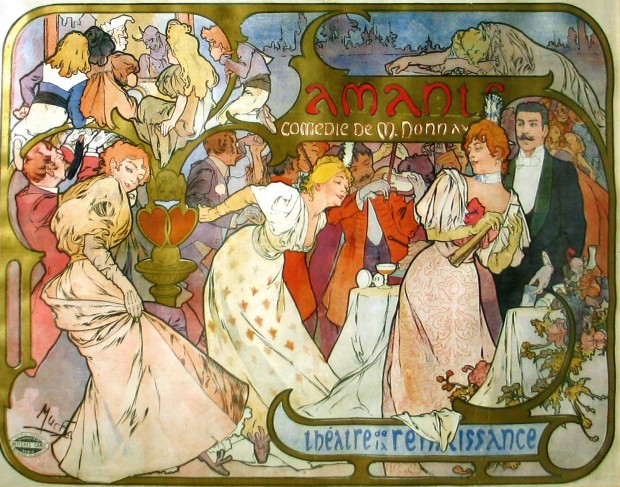A society party scene amid decorative elements with the title of the play at to the top right of the centre; in the top left a group of children gather around a puppet show; in the top right a blond female figure slumps in front of a dark tree-lined horizon;