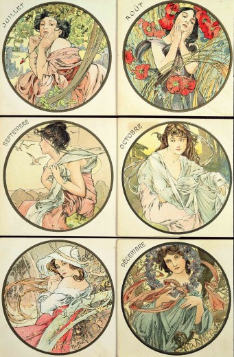 6 circular pictures with female figures set against seasonal landscapes that represent each of the months between July and December