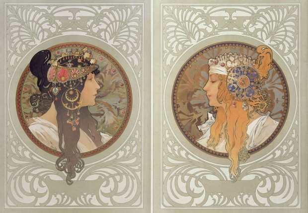 Two panels with blond and brunette in profile looking towards each other