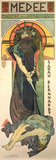 A full-length Bernhardt stands wide-eyed and tense against a stylised sunset background, with a bloody dagger in her hands and a female body at her feet. The words "Medée, Théâtre de la Renaissance" feature at the top of the poster in a mosaic-syle frieze and the words "Sarah Bernhardt" run down the right hand side of the poster.