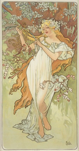 A woman with a delicate white robe and long blond hair decorated with a white floral wreath holds a lyre and stands under a blossoming tree