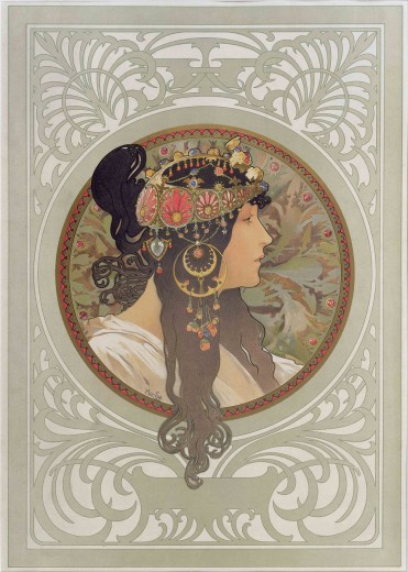 A brunette in profile looking to the right with ornate tiara and pendants framed by a gold circular motif