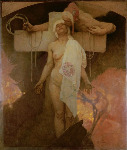 A naked woman with a white headdress draped over her left breast stands at the centre of the composition against a cross and a dark and firey landscape; a man wearing a red cap and holding a rope leans over from behind the cross and kisses the woman's cheek