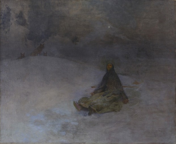 A peasant woman in a dark headdress sits with her head to the sky in a gesture of resignation; the dark colours of her barren, moonlit surroundings merge into the night sky; 3 wolves look on from the horizon