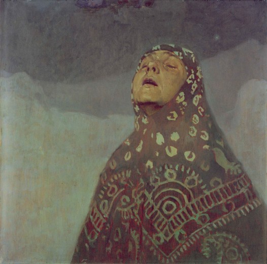 A close-up of a Russian peasant woman with her moonlit face looking up towards the sky