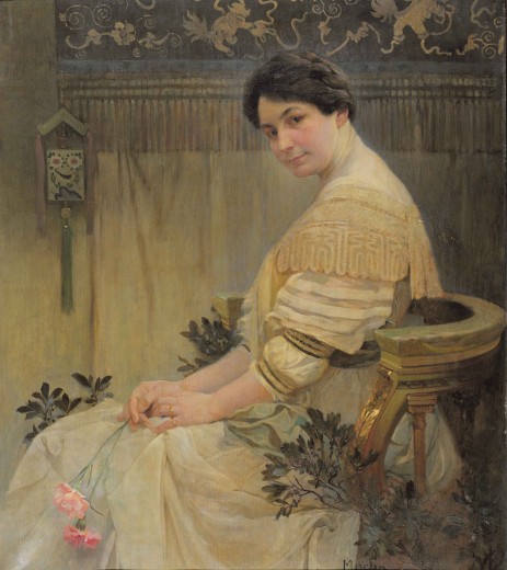 The artist's wife dressed in white holding a pink rose, sitting in profile in front of a tapestry