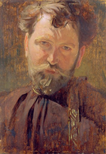 A head and shoulders self-portrait of Mucha in a brown shirt against a brown background