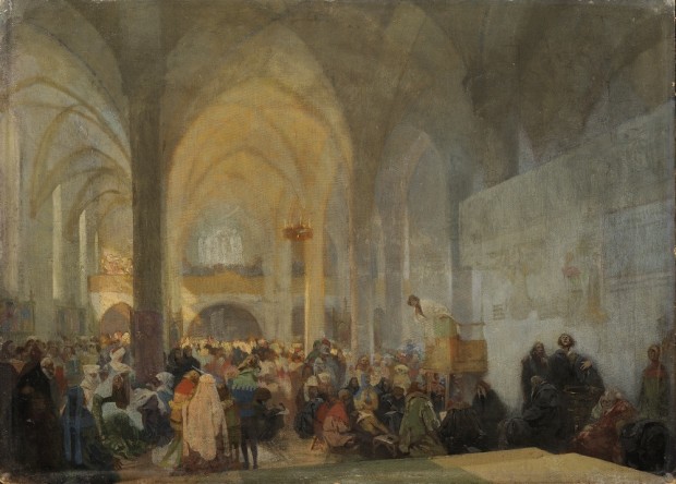 Interior of a church with figures gathered around a preacher in a pulpit