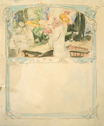 Sketched illustration and blue border with outline of a blond figure at centre with a standing and seated figure to left and trees in background and 'Acte III' below
