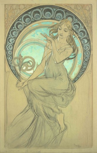 A woman with long fair hair and a delicate pale dress holds a flower in her right hand and gazes at her left hand as she perches on a large decorative halo