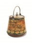 Round biscuit tin with a metal handle decorated with a female figure and a decorative floral motif