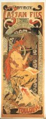 Nude female figure with long red hair sits holding a print with a pile of prints at her feet with a male figure behind working a printing press and the text 'Cassan Fils/fondée en 1851/Impressions de luxe artistiques et commerciales/Armier du Charteru/Toulouse'