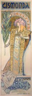 A full-length Bernhardt stands in a Byzantine gown and a floral headpiece holding a palm leaf. Her face is framed with a mosaic style halo featuring her name. The words 'Gismonda' feature at the top of the poster, and 'Théâtre de la Renaissance' at the bottom.
