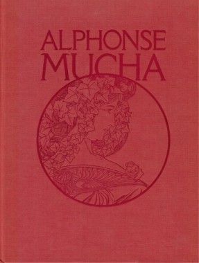 Alphonse Mucha exhibition Japan 1983 Red cloth bound catalogue with embossed image of Mucha's female figure from the decorative panel 'Ivy'