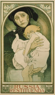 Russia Restituenda A woman in black with a melancholy expression holds a limp child dressed in white; both have circular forms behind their heads