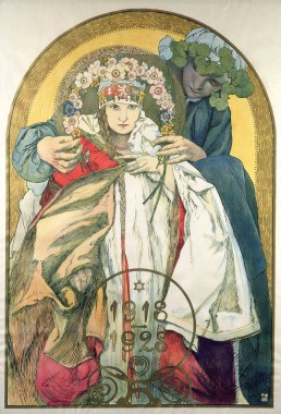 1918-1928: Poster for the 10th Anniversary of the Independence of the Republic of Czechoslovakia A man stands behind a girl in folk costume and holds a garland of flowers above her head; the dates'1918-1928' sit at the bottom of the poster