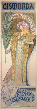 Poster for ’Gismonda’ A full-length Bernhardt stands in a Byzantine gown and a floral headpiece holding a palm leaf. Her face is framed with a mosaic style halo featuring her name. The words 'Gismonda' feature at the top of the poster, and 'Théâtre de la Renaissance' at the bottom.